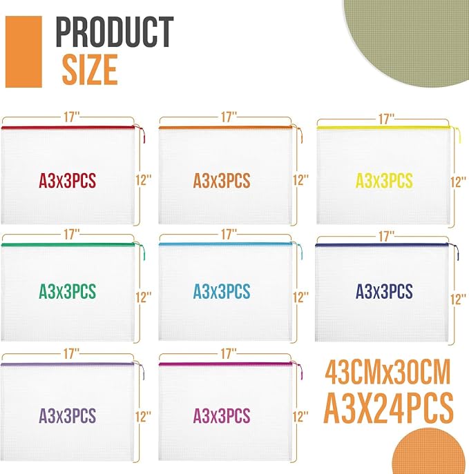 YOPCDJ 24pcs Mesh Zipper Pouch File Bags Puzzle Storage Bags, A3 17x12 Inches Large Reusable Zipper Pouches for Organizing Classroom Board Game Organization