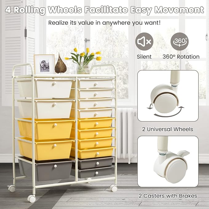 DREAMADE Rolling Cart with 15 Drawers, Lockable Wheels, Removable & 2-Sized Storage, Art Cart for School, Home, Crafts, Scrapbook (Yellow)