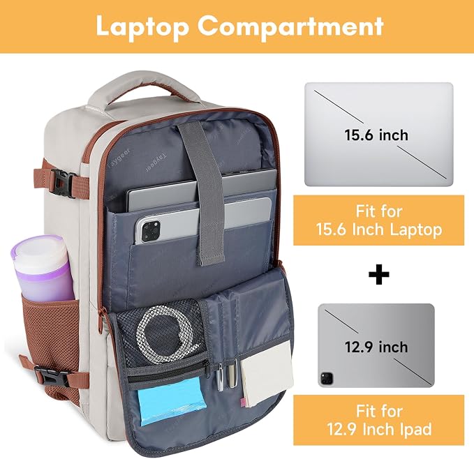 Taygeer Backpack for Women, College Backpack with Laptop Compartment | Travel Laptop Mochila Carry On Luggage with Shoe Pouch, Airline Approved Personal Item Bag For Weekender Hiking, Khaki White