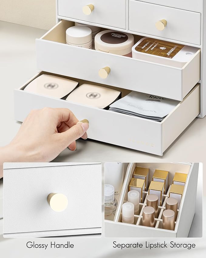 VLANDO Makeup Organizer,Vanity Organizer with Drawers, PU Leather Skincare Organizer Perfume Organizer,Large Cosmetic Display Case for Lipstick,Brushes Gifts for Women, White, 4 Layer