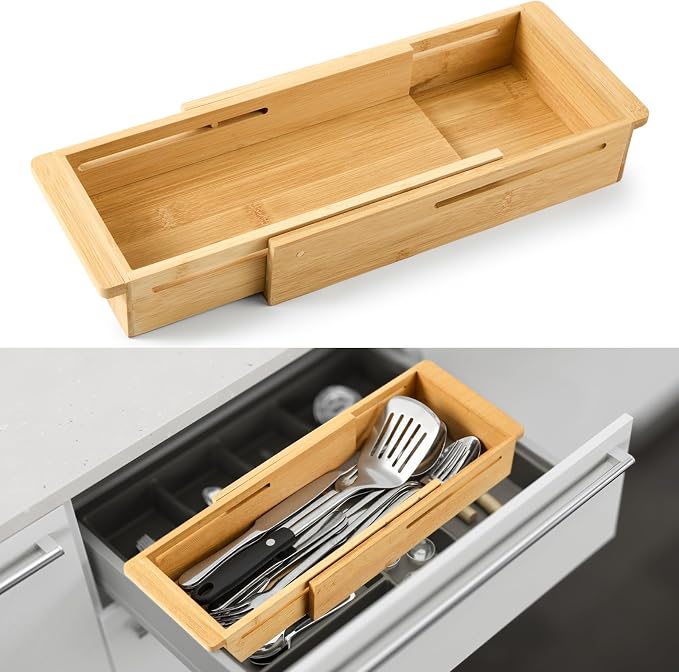 LemonRoad 1 Pcs Sliding Drawer Organizer 12.4-17.7 Inch Bin Bamboo Drawer Expandable Bins Utensil Organizer for Kitchen Spoons Forks Knives (Wood)