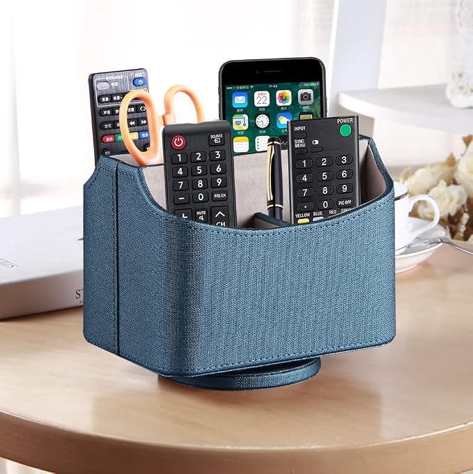 PUSU TV Remote Control Holder,PU Leather 360 Degree Rotatable Remote Caddy | Nightstand Organizer/Desk Storage Box for Media Play,Controllers,Stationery,iPad,Phone,Pen/Pencil Cosmetic,Office accessories