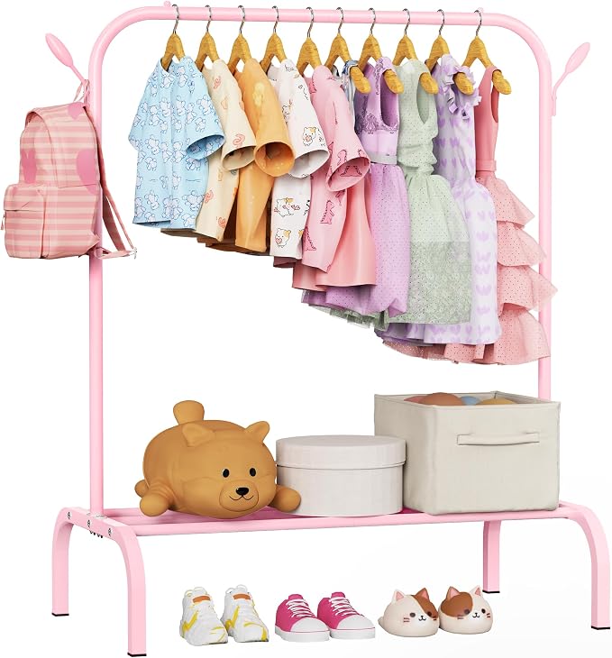 Kids Clothes Rack for Ages 3-6, Montessori Kids Clothing Rack, Pink | Kids Dress up Rack with Bottom Shelf & Side Hooks, Toddler Wardrobe Rack for Bedroom, Playroom, Nursery & Small Room Storage
