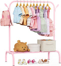 Kids Clothes Rack for Ages 3-6, Montessori Kids Clothing Rack, Pink | Kids Dress up Rack with Bottom Shelf & Side Hooks, Toddler Wardrobe Rack for Bedroom, Playroom, Nursery & Small Room Storage