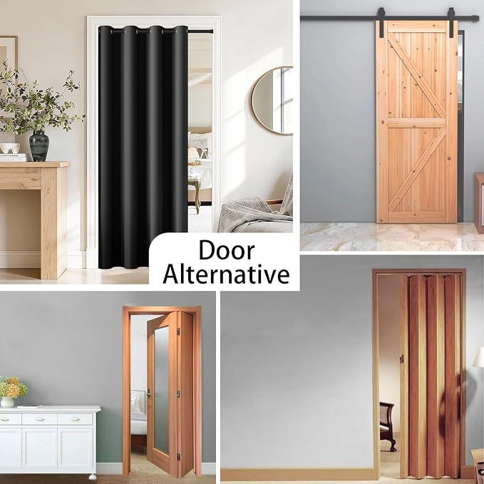 Vatge Magnetic Door Curtain with Rod - W52 x L78, 1 Panel, Black | Thermal Insulated Blackout Curtain for Room Darkening, Room Divider
