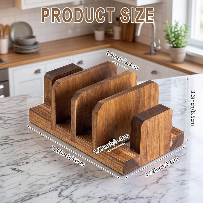 Acacia Wood Cutting Board Holder, 4 Slot Cutting Board Organizer Rack, Baking Pan, Bakeware & Knife Holder, Cabinet and Countertop Storage Stand for Kitchen, Dish, Plate, and Cookbook