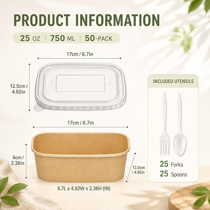 Holotap 50 Pack 25 OZ Disposable Kraft Paper Bowls with Lids【with Spoons and Forks】,Disposable Food Containers, Microwave Safe for Hot Soup, Disposable Meal Prep Containers for Restaurant Supplies