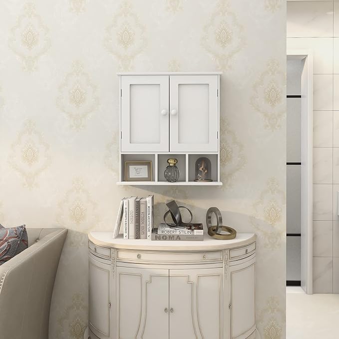 TaoHFE White Bathroom Wall Cabinet with 2 Door Adjustable Shelves,Over The Toilet Storage White Wall Mounted Medicine Cabinets for Bathroom Laundry Room Kitchen