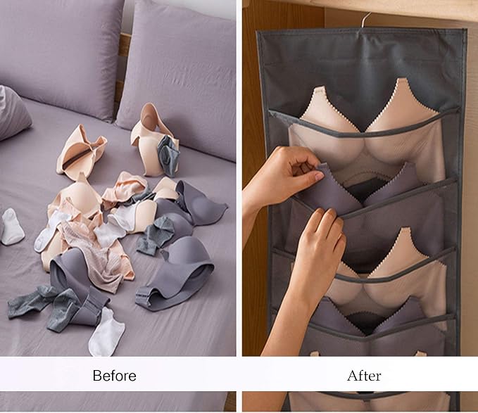 Bra and Underwear Hanging Storage Organizer Mesh Pockets Dual Sided Wall Shelves Space Saver Bag Sock Underpants Drawer Closet Clothes Rack (Gray:(6+18pockets))
