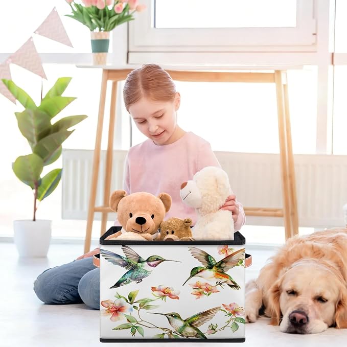 Hummingbird Closet Storage Bin, Foldable Storage Baskets for Shelves, Decorative Shelf Organizer Flower Bird Colourful Fabric Cube Bin for Living Room Bedroom Home Dorm