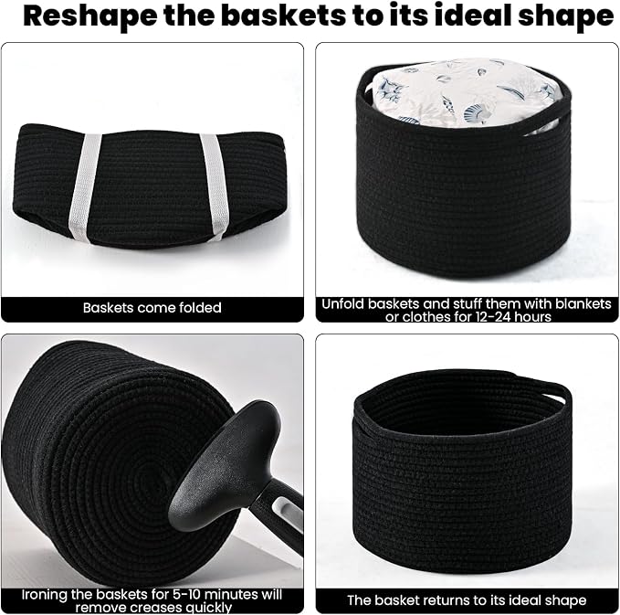 ICERZCZ Small Black Baskets for Organizing, Storage Baskets for Shelves, Small Woven Basket for Storage, Cute Basket for Gifts, Mini Cotton Rope Baskets, 9.7"×9.7"×7" (3 Packs) Black