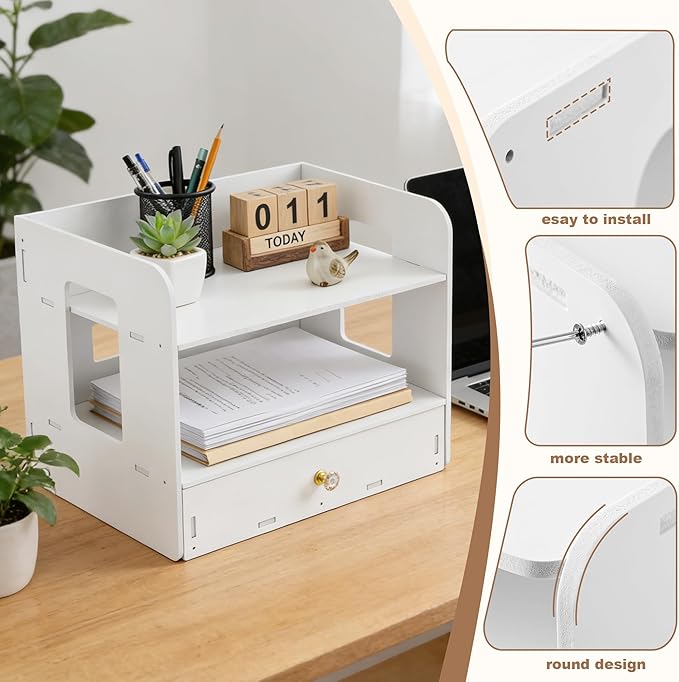 Desk Organizer, 2-Tier File Organizer for Desk with Drawer, Letter Tray Paper, Desktop Document Sorter for Letter, File Folder Holder for Office, Home or School- White MLT002W2