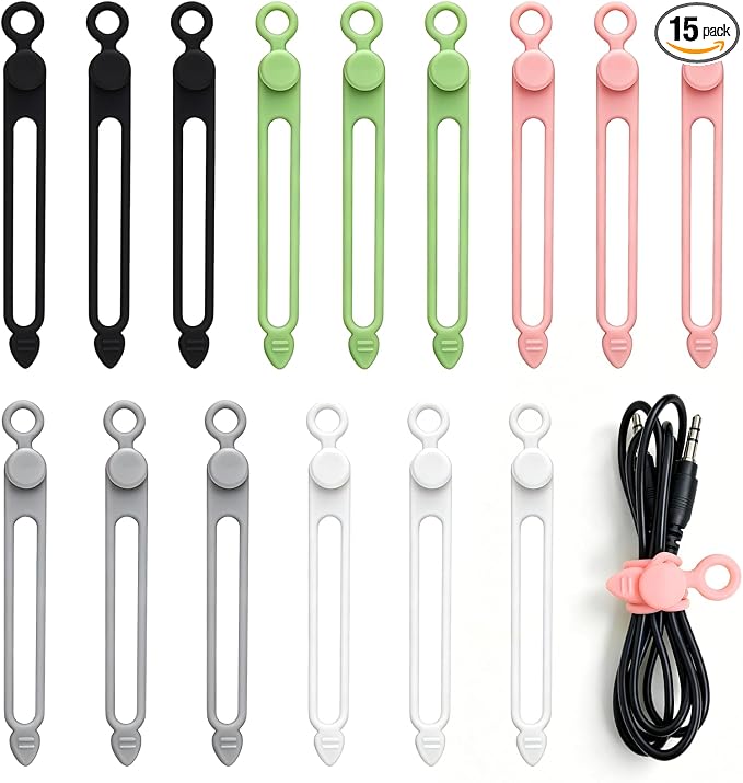 15Pcs Silicone Cable Straps Cord Organizer Silicone Cable Ties | Reusable Cord Organizer for Bundling Earphone For Reusable Cable Ties Wire Organizer in Home,Office,Kitchen,School(5 Colors)