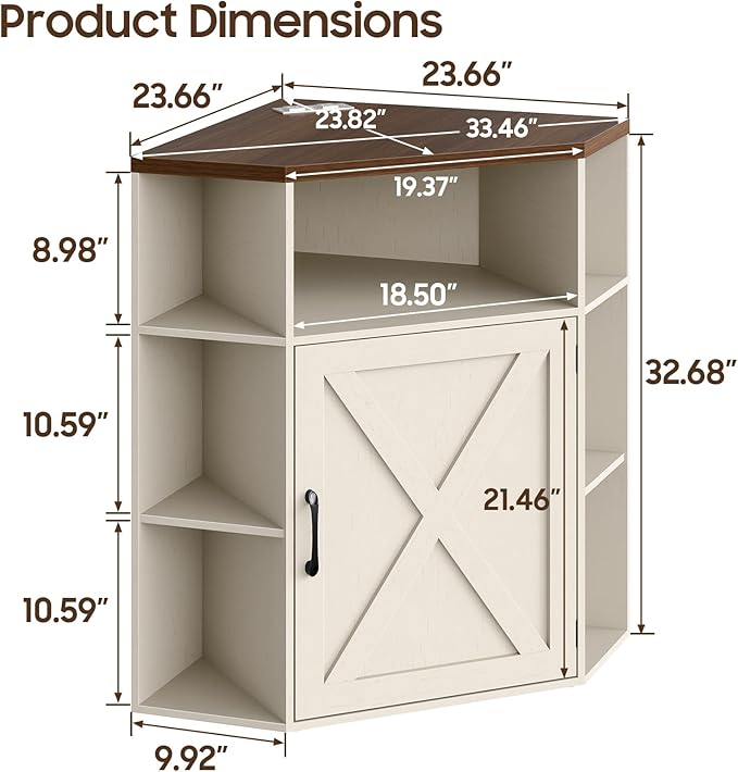 Halitaa Corner Storage Cabinet, Farmhouse Corner Bookshelf with Storage 6-Cubby Wooden Cabinet with USB Ports and Outlets Industrial Organizer for Small Space, Study, Playroom, Living Room