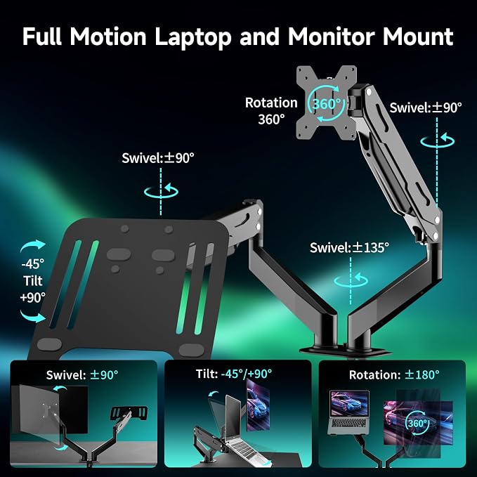 Pholiten Monitor and Laptop Mount for Max 32" Screen and 17" Notebook, Dual Monitor Mount Holds up to 22lbs, Laptop Tray Stand with Gas Spring Arm, VESA 75x75mm 100x100mm