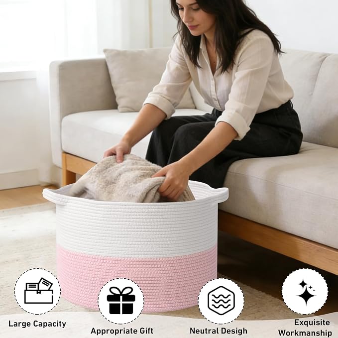 115L Extra Large Pink Woven Cotton Rope Basket with Handles, Kids Nursery Laundry Hamper for Toys, Blankets, Pillows & Comforters, Cute Storage Bin for Bedroom & Playroom
