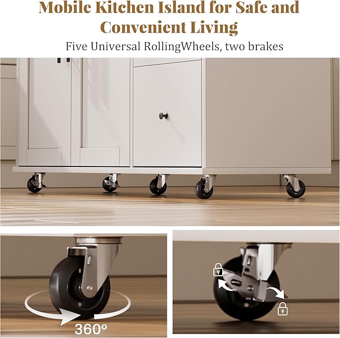 GRUSIGN 49.6" Kitchen Island on Wheels with Storage-Multifunctional Kitchen Island Cart with Drop Leaf, Rolling Island with Spice/Towel Rack,Expandable Island Table Kitchen,White