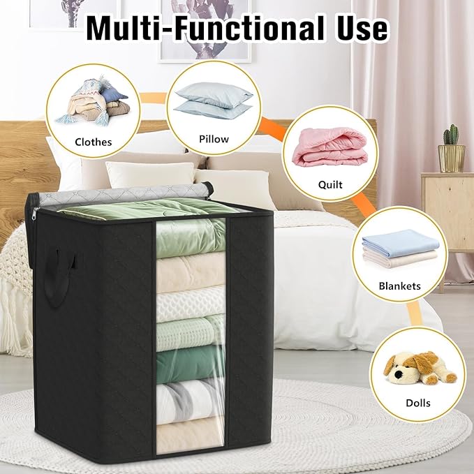 SpaceTrove Clothes Storage Bags, 8-Pack Comforter Blanket Organizers, 80L Large Capacity Containers with Visual Window for Clothing, Quilt, Sheet, Pillow, Closet Organization for Bedding (Black)