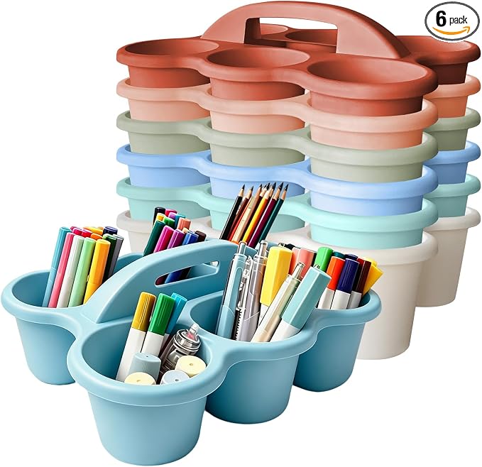 6 Pack Classroom Caddy Organizer with Handle Morandi Plastic Table Caddy 6 Compartments Storage Cup Holder for School Supplies Art Crafts Crayons Pencils Stackable Desk Daddy for Office