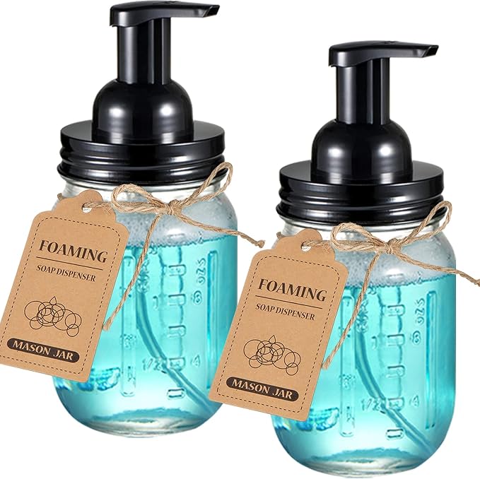 SheeChung Mason Jar Foaming Soap Dispenser-Rustproof Stainless Steel Lid & Foaming Soap Pump, Refill Foam Hand Soap Dispenser Glass for Bathroom Kitchen Vanities, Countertops-Black (2 pk)