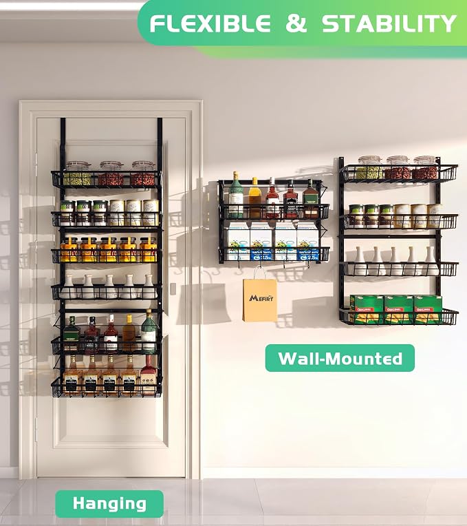 Mefirt Over The Door Pantry Organizer, Pantry Storage and Organization, 6-Tier Adjustable Hanging Baskets, Metal Wall Mount Spice Rack Seasoning Shelves for Home & Kitchen, Laundry Bathroom - Black