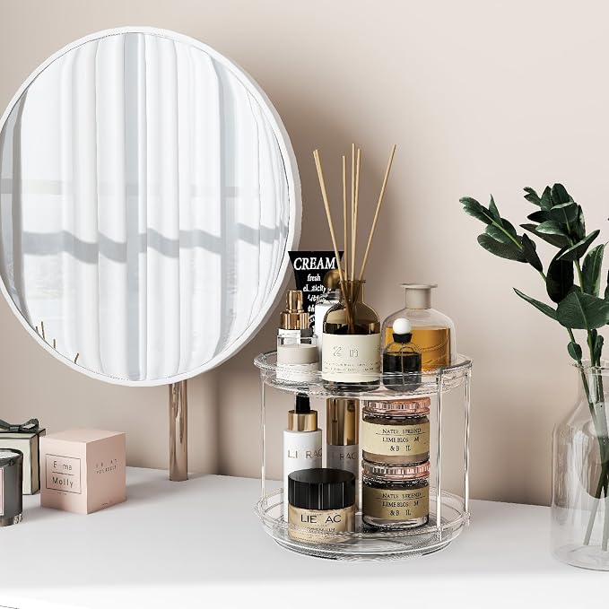 360° Rotating Makeup Organizer 2 Pack 2 Tier 10.6" Clear Lazy Susan Turntable Skincare Perfume Organizer Bathroom Countertop Vanity Tray Space-Saving Cosmetic Storage for Dresser