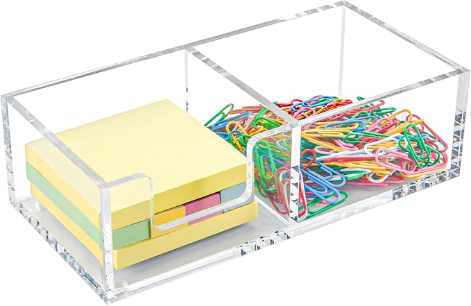 Acrylic 2in1 Sticky Note Holder Desk Organizer for 3"X3" Memo | Dual compartment layout, Compact space-saving design, Stable anti-slip base,Multi-scene daily storage