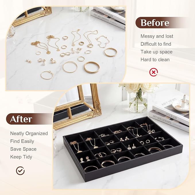 Unittype Set of 4 Stackable Jewelry Organizer Tray for Drawer Inserts Velvet Necklace Earring Bracelet Ring Holder Jewelry Display Storage Box for Bangle Stud Necklace Ring(24 Grid,Black)