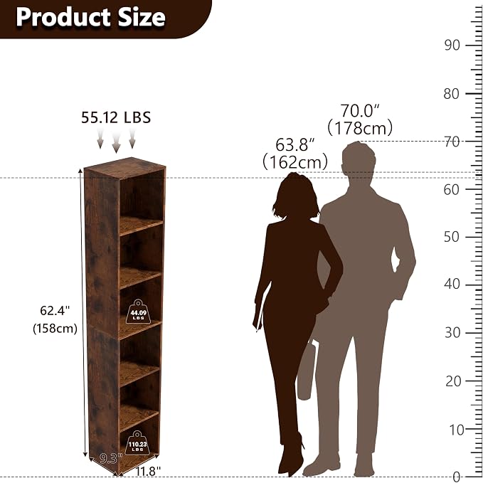 6-Tier Wooden Cube Storage Organizer, 62 Inch Tall Bookcase & Display Shelf with 6 Open Cubes, Freestanding DIY Closet Shelving Unit for Living Room Office(Retro Brown, 6 Cube-W(11.8inch)