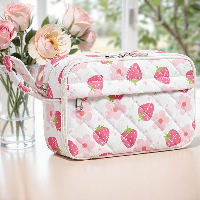 WOBAGMEN Quilted Pencil Pouch for Women, Large Capacity Pencil Case with Compartments, Cute Aesthetic Pencil Organizer, Floral Stationery Pouch（Cute Strawberry Floral1）