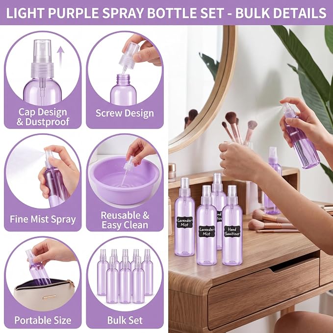 Eccliy 32 Pcs 8 oz Spray Bottles Fine Mist Plastic Spray Bottles Empty Sprayer Hairs Refillable Travel Sprayer with Pump Cap for Cleaning Oils Travel Perfumes (Purple,Clear)