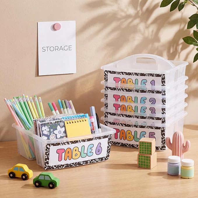 Hushee 6 Pcs Classroom Caddy Plastic Stackable Caddy Organizer with Handle 3 Compartment with 42 Label Portable Craft Basket Organization Storage for Desk Teacher Office School Supplies(Clear)