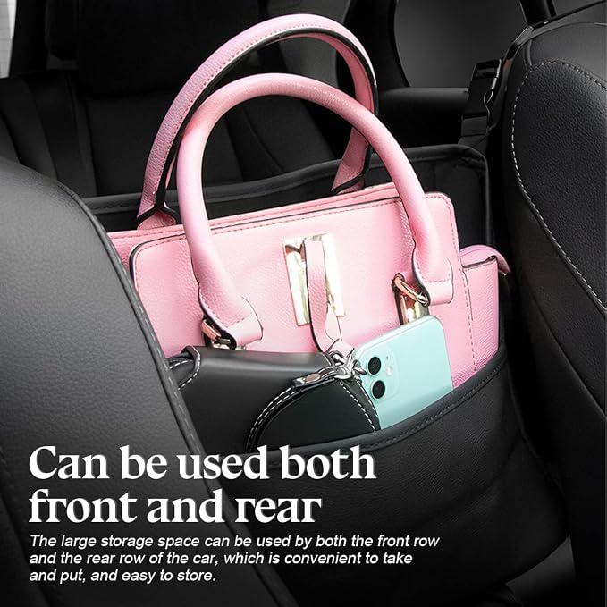 XINLIYA Car Handbag Holder Between Seats, PU Leather Multi-Pocket Large Capacity Purse Holder, Auto Net Bag Barrier of Backseat Pet Kids, Car Seat Organizers and Storage for Cargo Tissue Cup（Brown）