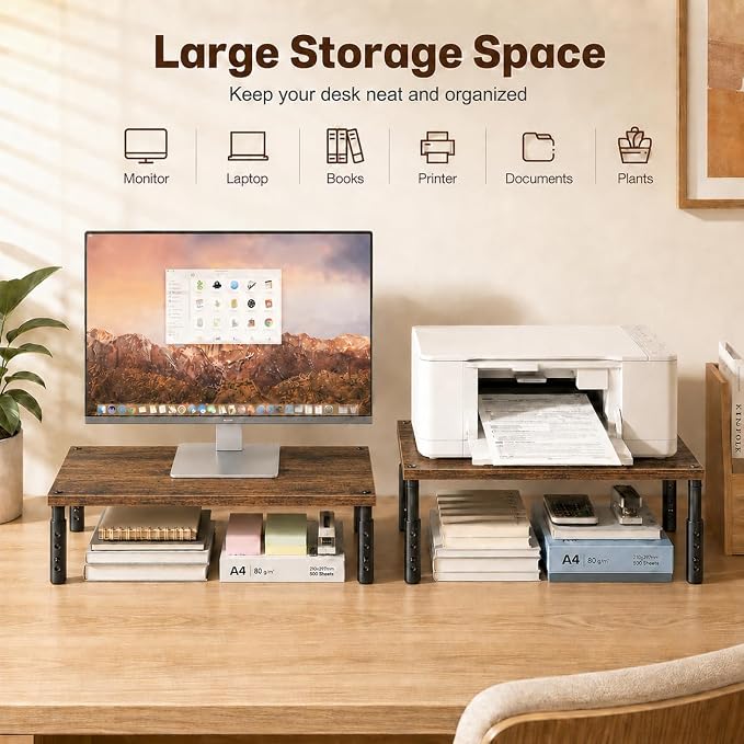 OPNICE Adjustable Monitor Stand Riser for Desk, Computer & Laptop Stand, Desk Organizers and Accessories, Office Desk Accessories & Workspace Organizer for Home Office, Brown Wood 2-Pack