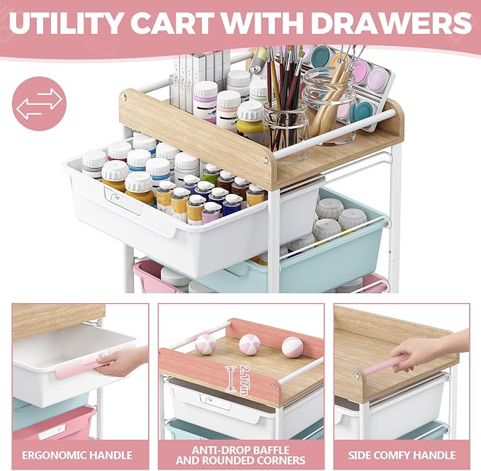 6 Drawer Rolling Cart for Craft Storage,Utility Drawer Organizer with Handle and Wooden Top,Storage on wheels for Office, Classroom,Laundry,Garage,Snack,Art Supply,Colorful
