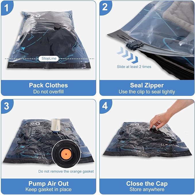 12 Pack Vacuum Bags for Travel with Pump for Clothing and Luggage | Rechargeable USB-C Pump, 3 Sizes, Space Saver Compression Bags for Suitcase, Carry-on, Flight and Closet Storage