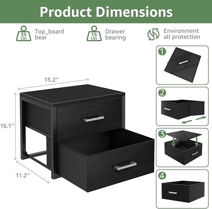 BOLUO Stackable Storage Drawers Closet Organizers and Storage Fabric Black 2 Drawer Dresser for Bedroom 2 Packs Modern