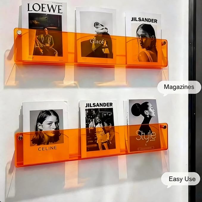 ROYALITA 2-Pack Acrylic Magazine Holder Brochure Holder, Orange 36 Inch | Record Magazine Rack, Fashion Floating Bookshelf, Literature Storage Rack for Waiting Room, Living Room, Office