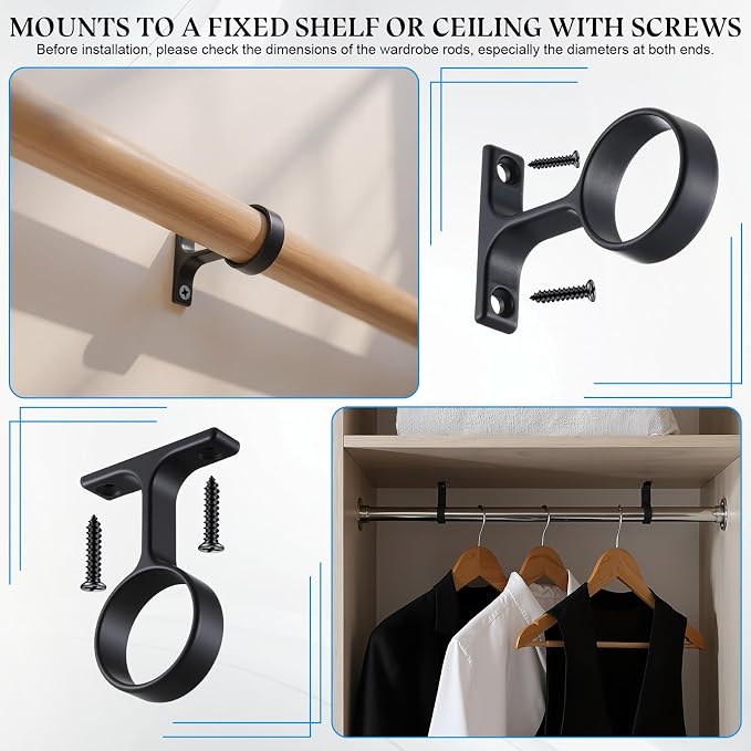 LEIFIDE 8 Pcs 1 5/16 Inch Diameter Round Wardrobe Closet Rod Suspended Center Support with Installation Screws Curtain Closet Rod Ceiling Mount Bracket for Home Wardrobe (Black)