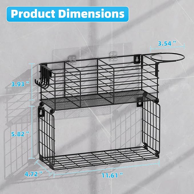 VITVITI Metal Hair Tool Organizer with Toilet Paper Basket, Bathroom Blow Dryer Curling Iron Holder Wall Mount, 2 Tiers Styling Tools Organizer for Straightener with Hooks, Black