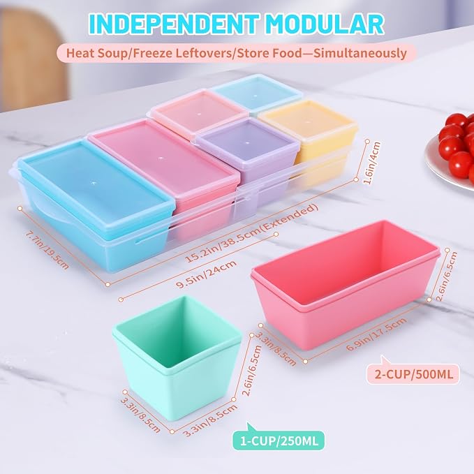 Gemice Silicone Freezer Molds with Lids, 6-Pack 1-Cup & 2-Cup | Oven & Dishwasher Safe, BPA-Free Soup Portion Cubes Trays, Freezer Containers for Food Storage