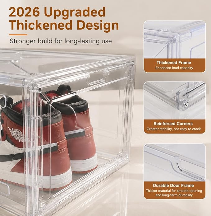 Clear Shoe Storage Boxes,2026 2nd Gen Thickened Hard Plastic Stackable Organizer with Magnetic Door,Folding Shoe Racks for Closet,Large Sneaker Display Cases for Sneakers and Ankle Boots,6 PCS