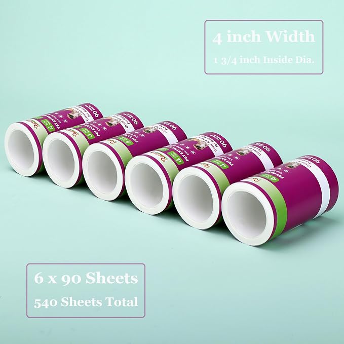 4 inch Lint Roller Refills Compatible with Scotch-Brite Pet Extra Sticky Lint Roller 90 Sheets per Refill Pack of 6 Rolls 540 Sheets Total Replacement for Scotch Brite Lint Roller Refill