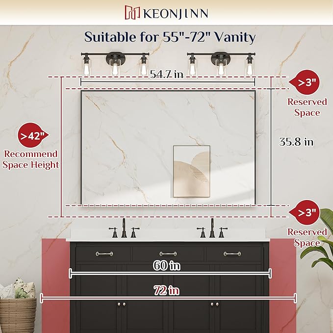 Keonjinn 55 x 36 Inch Black Mirror for Bathroom, Matte Black Large Rectangle Vanity Mirror, Metal Framed Farmhouse Mirrors, Modern Rectangular Wall Mirrors with Square Corner