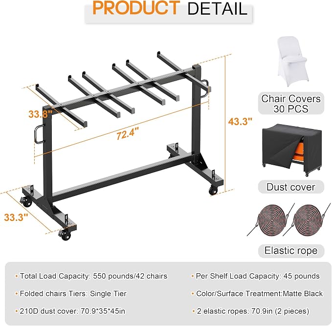 Specraft Folding Chair Rack, Holds 12 Tables or 42 Chairs with 30 PCS Chair Covers, 550 lbs Capacity, Heavy-Duty Cart with Wheels, Elastic Cords, Cover, Glossy Black