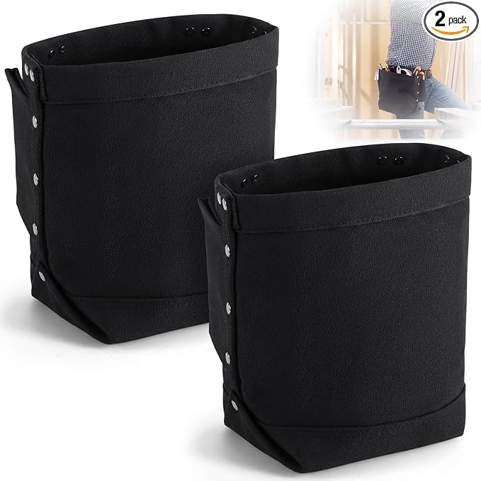2 Pcs Tool Pouches 5" x 10" x 9", Small Tool Bags Tunnel Connection Utility Pouches for Nuts & Bolts, Double Reinforced Bottom with Belt Strap Connect & Bull Pin Loops for Outdoor Work