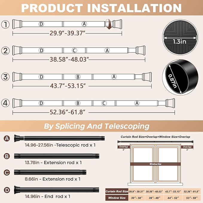 Adjustable Spring Curtain Rod 30-63 inch, Tension Curtain Rod No Drilling, Spring Loaded Curtain rods for Window Doorway Kitchen, Black