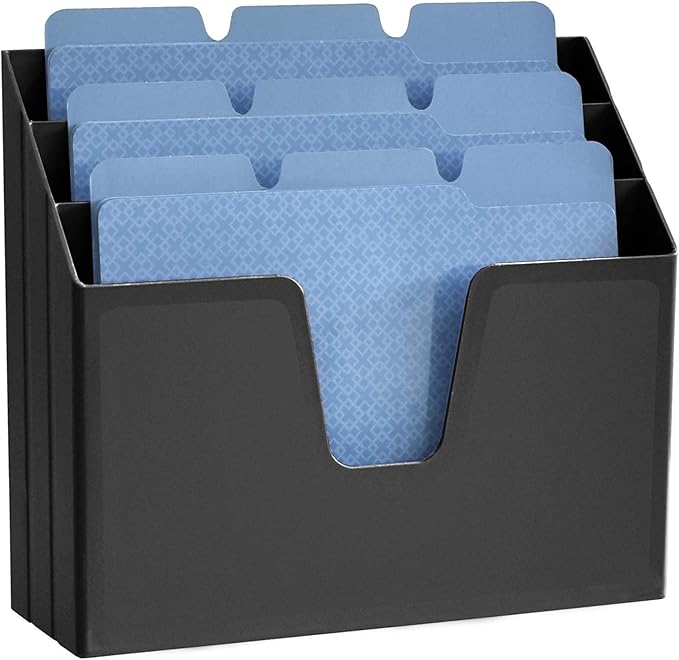 Acrimet Horizontal Triple File Folder Holder Organizer, Open Top Desktop Document Sorter for Letter Size Papers & Folders, Plastic (Black)