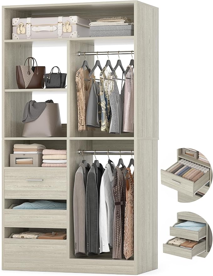 36 Inches Modular Closet Drawers System, 3FT Wood Closet Organiser with Closed & Half-Open Drawers, Walk-in Freestanding Wardrobe Storage Cabinet with 6 Shelves, White Oak (36"L x 15" W x 80" H)