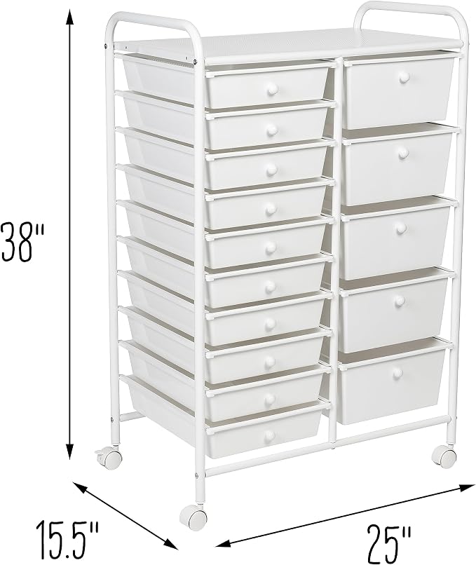 Honey-Can-Do 15-Drawer Metal Rolling Storage Cart, White Steel Multi-Purpose Organizer with Wheels, Heavy Duty Mobile Utility Trolley for Home Office, School, and Craft Supplies